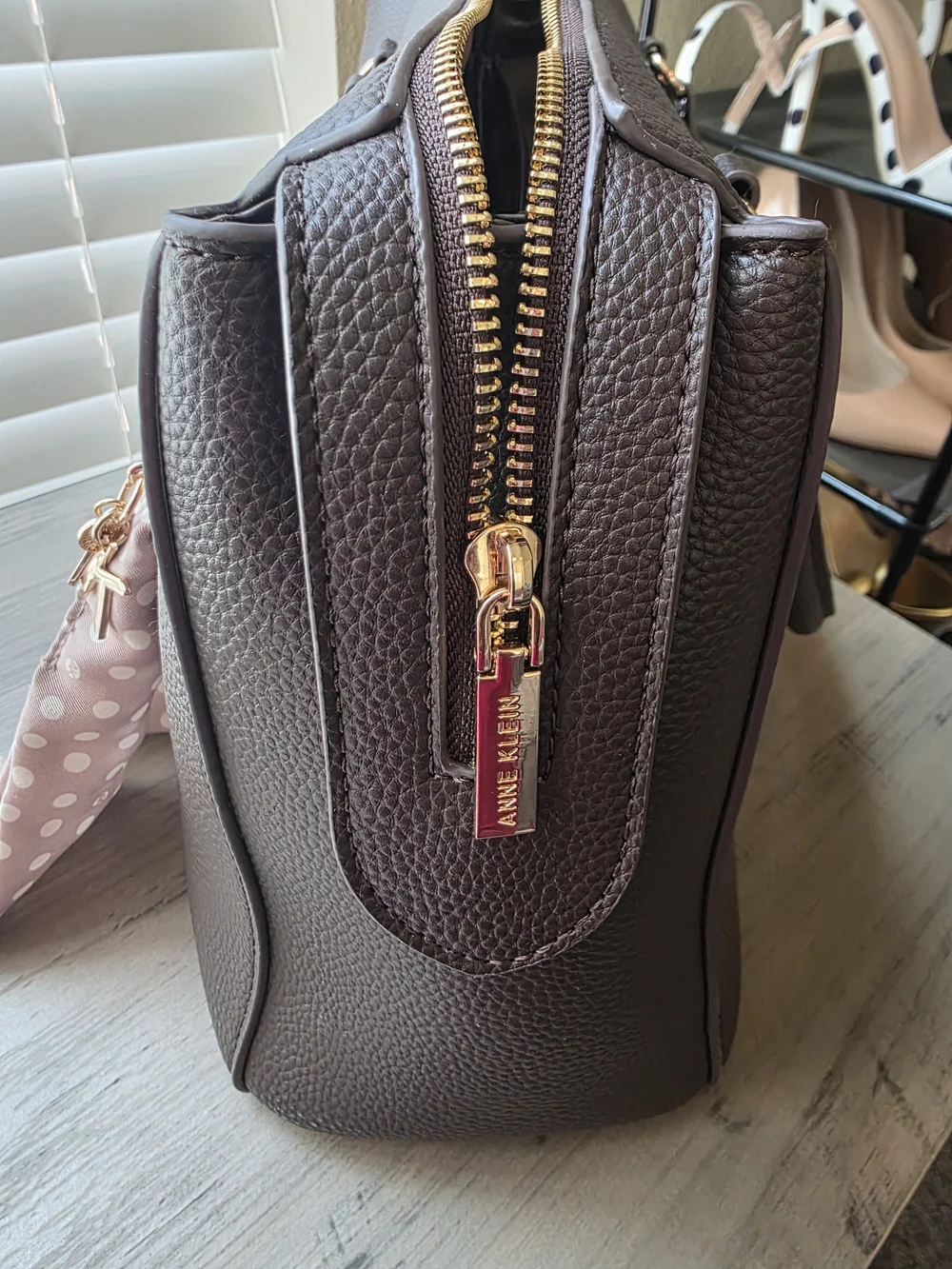 Anne Klein Black Pebbled Dome Satchel with Polka Dot Charm